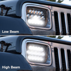 True Mods black housing LED headlights upgrade for Jeep Wrangler YJ and rugged look.