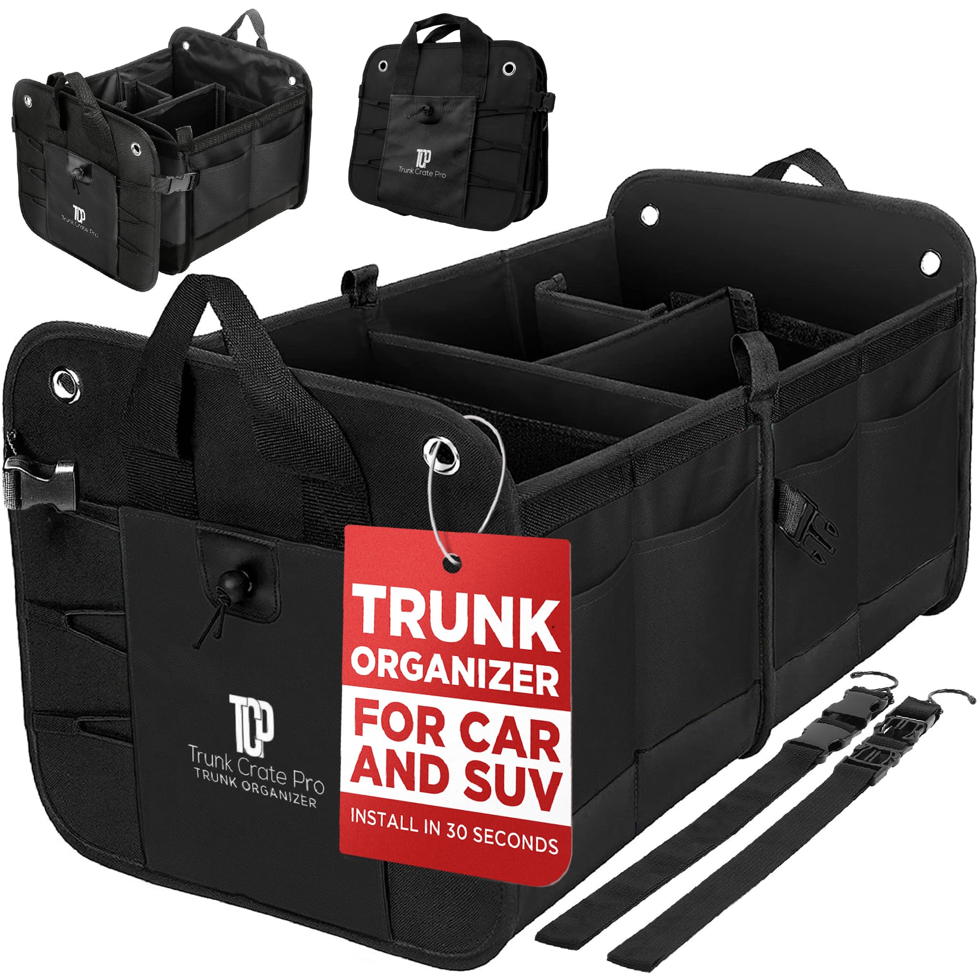 TRUNKCRATEPRO collapsible trunk organizer keeps groceries organized and accessible in the car.