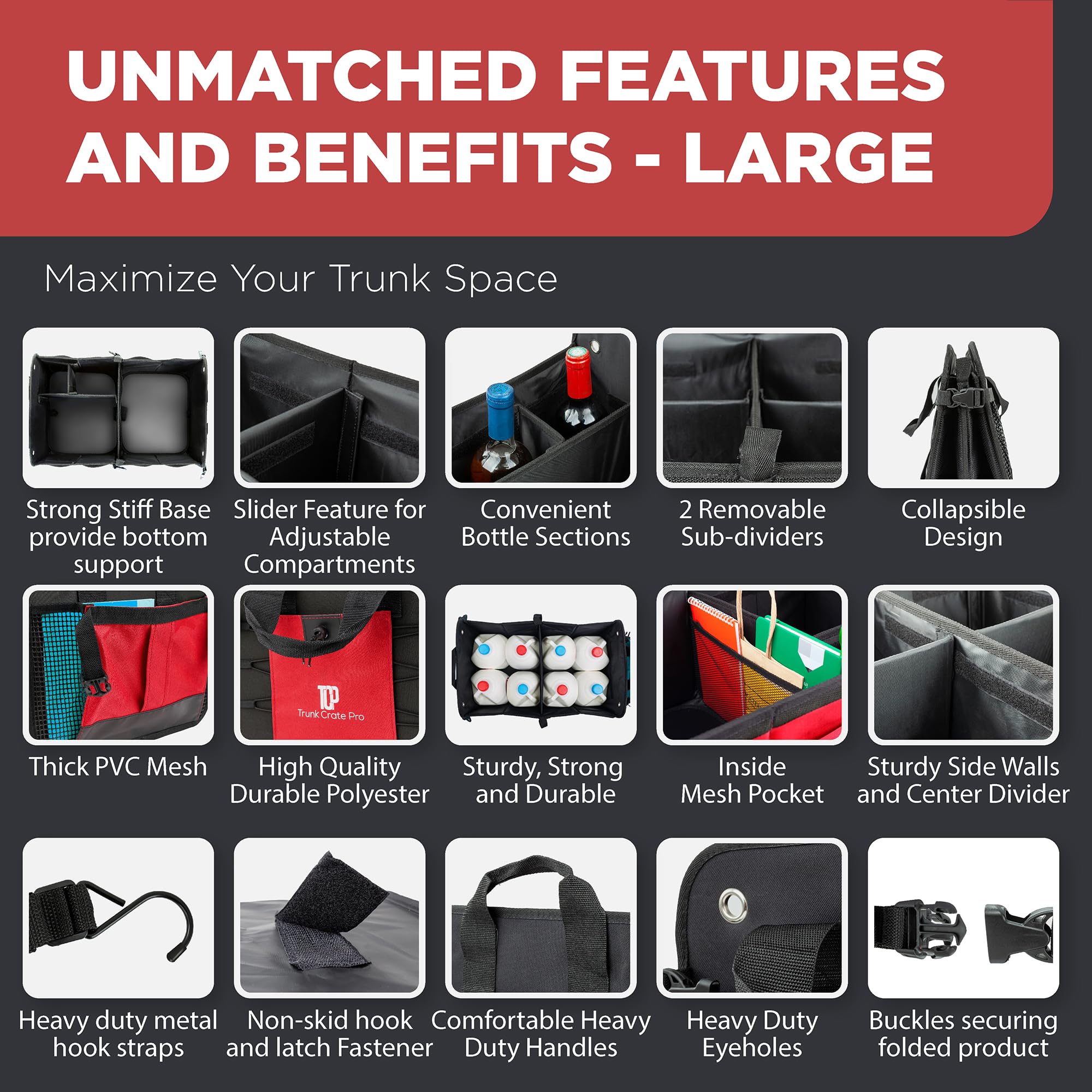 TRUNKCRATEPRO red trunk organizer shows three compartments for organized storage