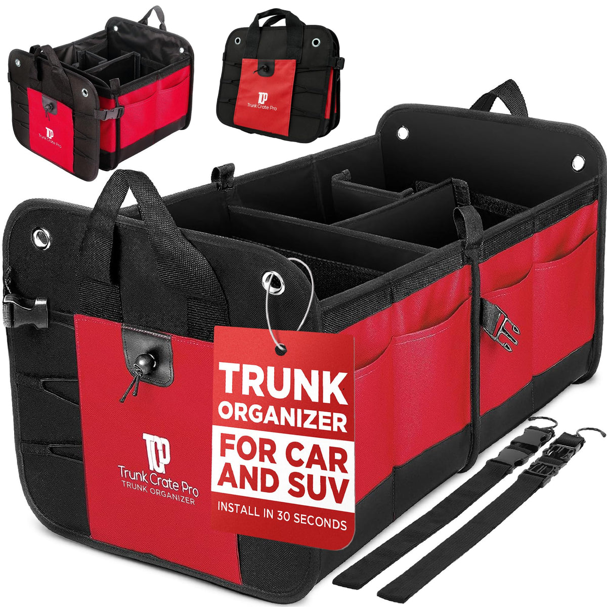 TRUNKCRATEPRO red trunk organizer front view keeps car clutter under control