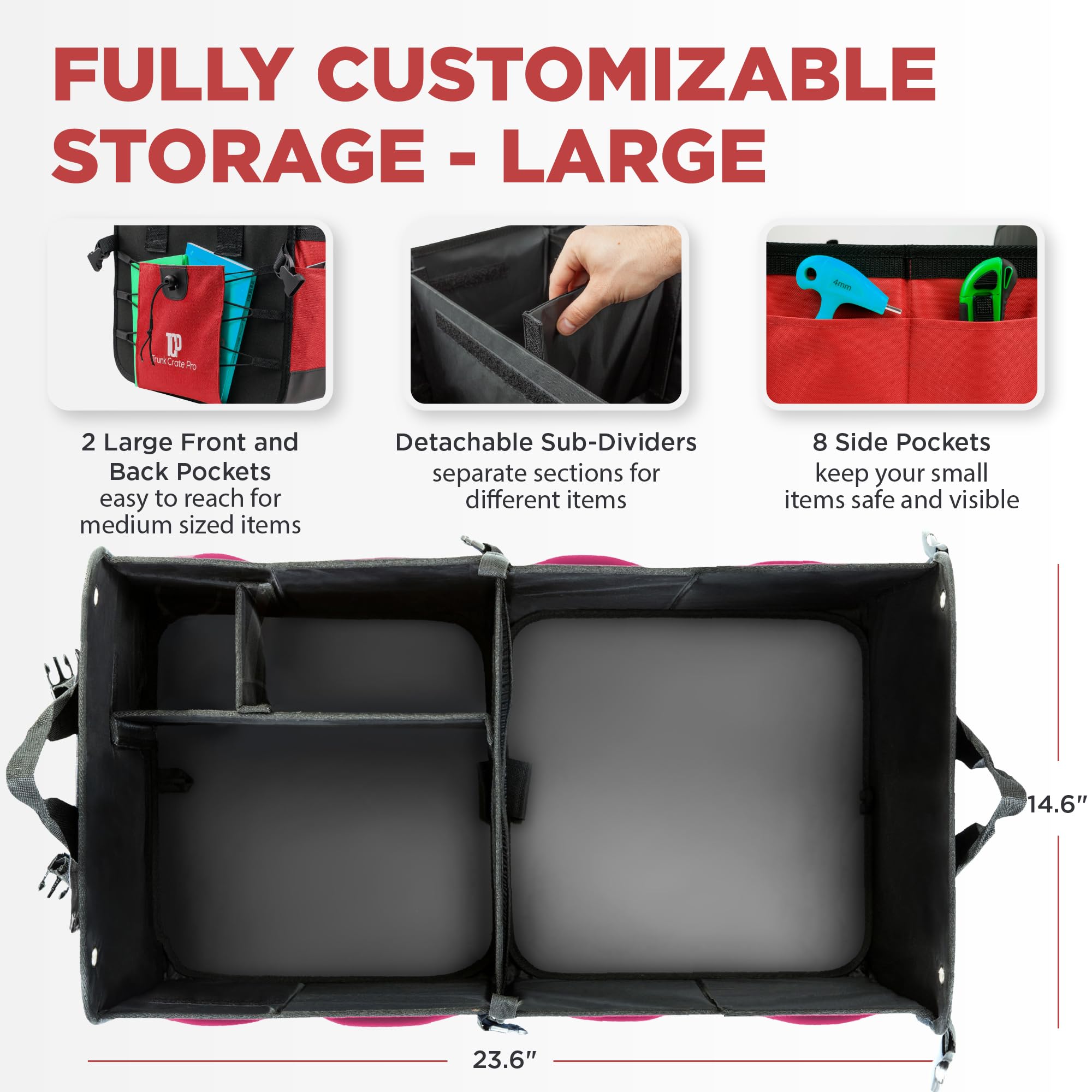 TRUNKCRATEPRO red trunk organizer side pocket closeup highlights durable mesh compartments