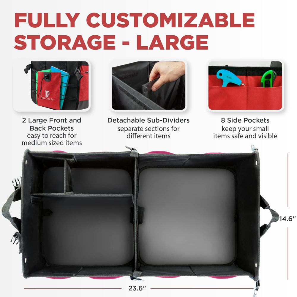 TRUNKCRATEPRO red trunk organizer side pocket closeup highlights durable mesh compartments