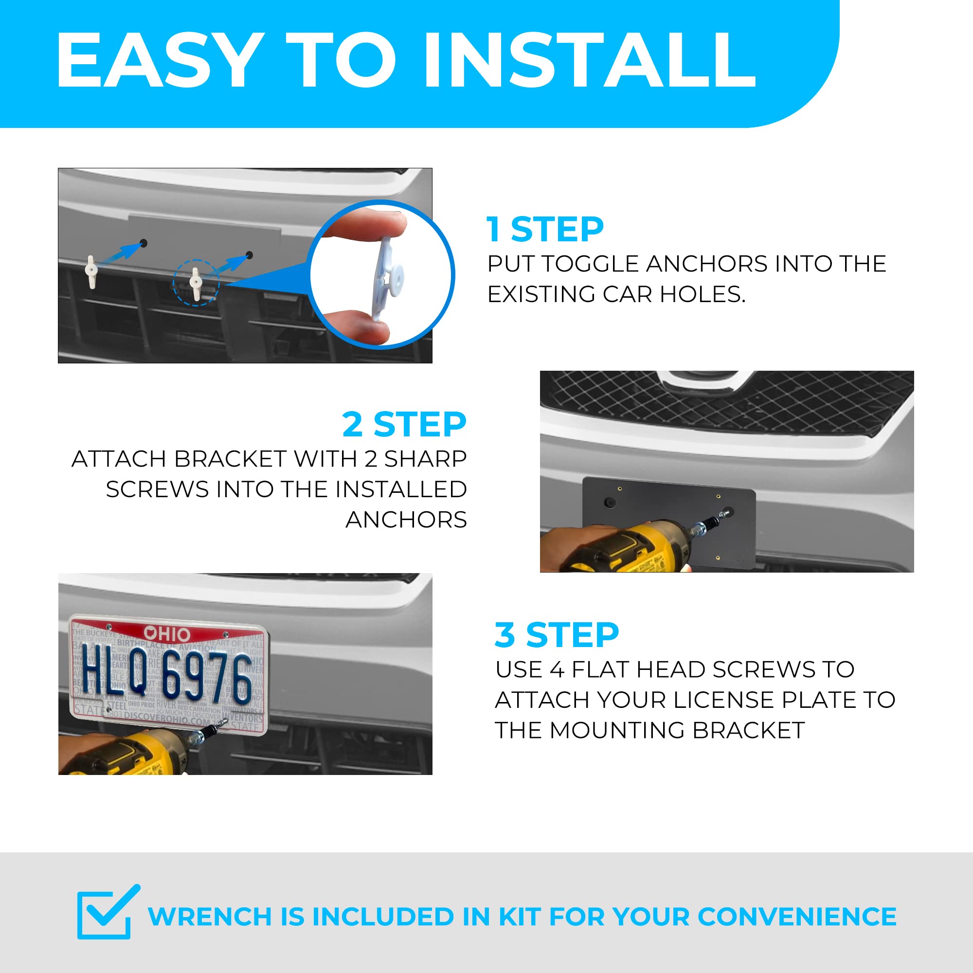 License plate bracket mounted through bumper hole with included screws.