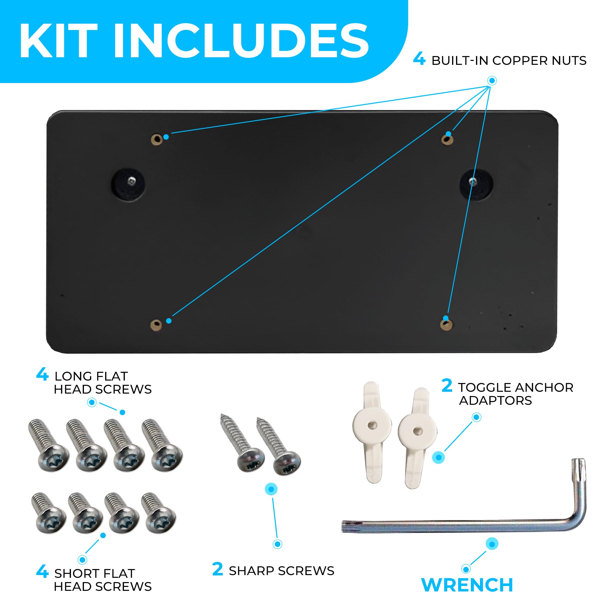 Wrench and screws kit included for fast installation.