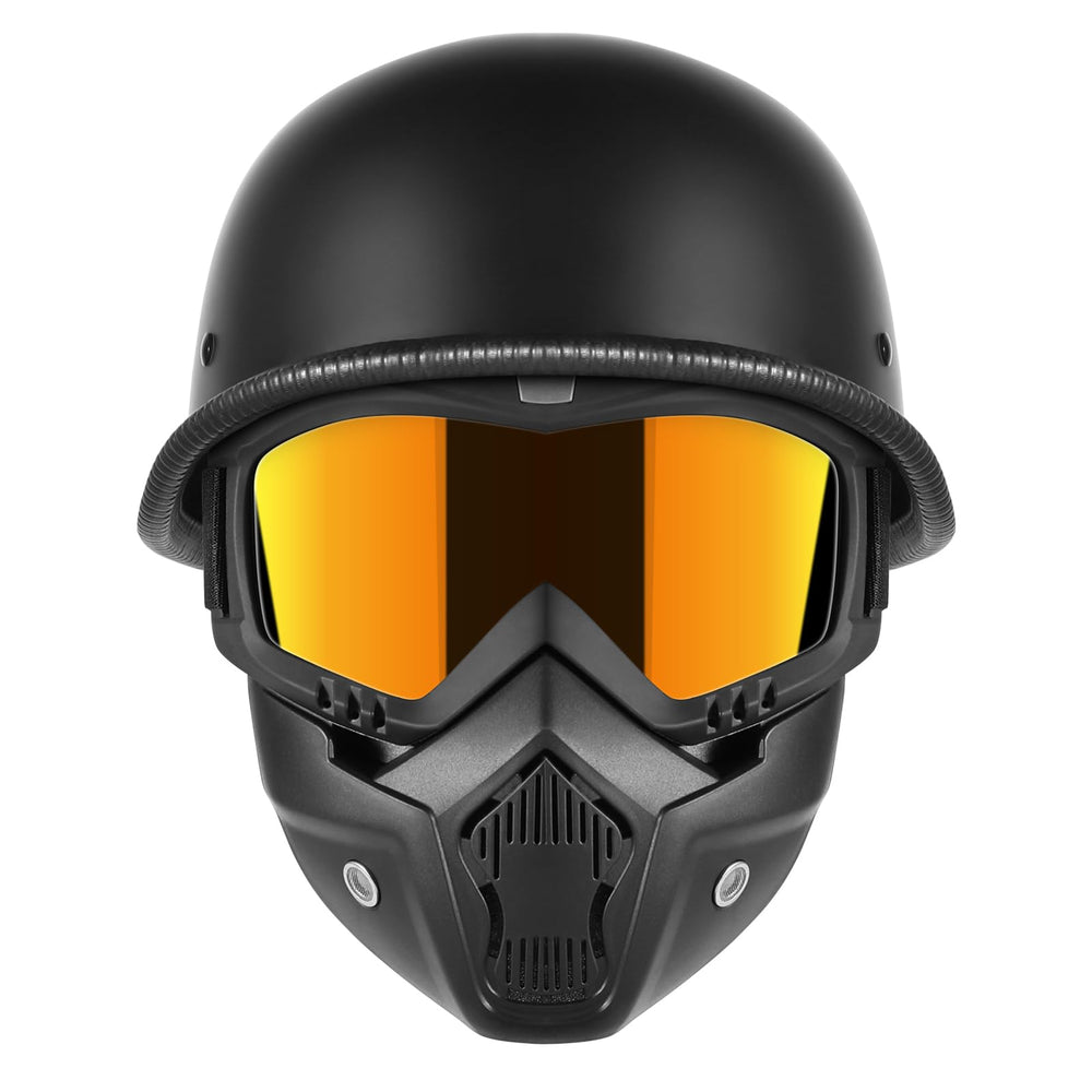 TRUSTERTHEE motorcycle half helmet with face shield, front view in matte black for protection