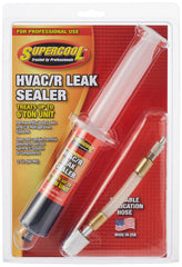 TSI Supercool leak-stop syringe with application hose sealing an HVAC leak for repair.