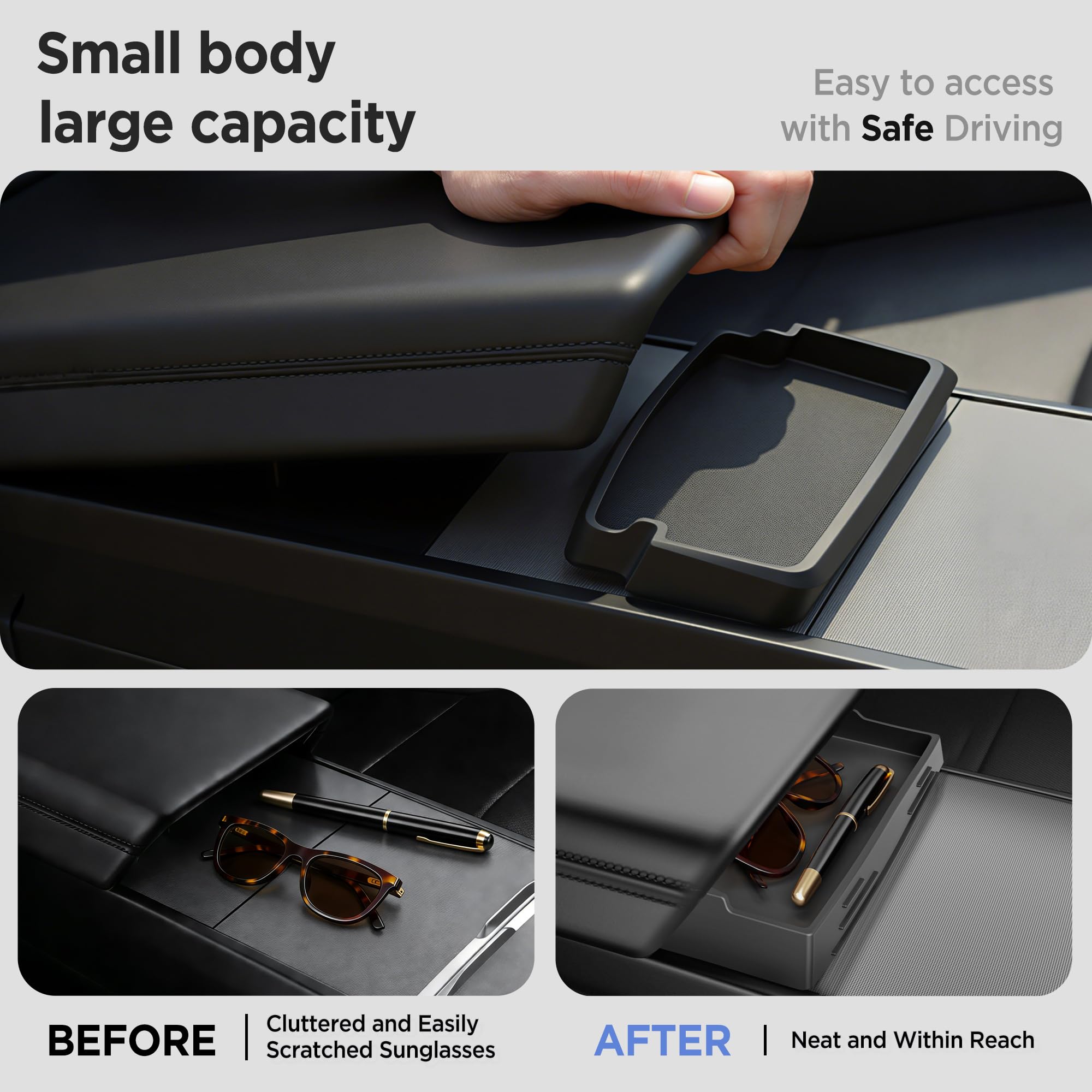 TSLDRV Model 3 Highland drawer view organizer inside console