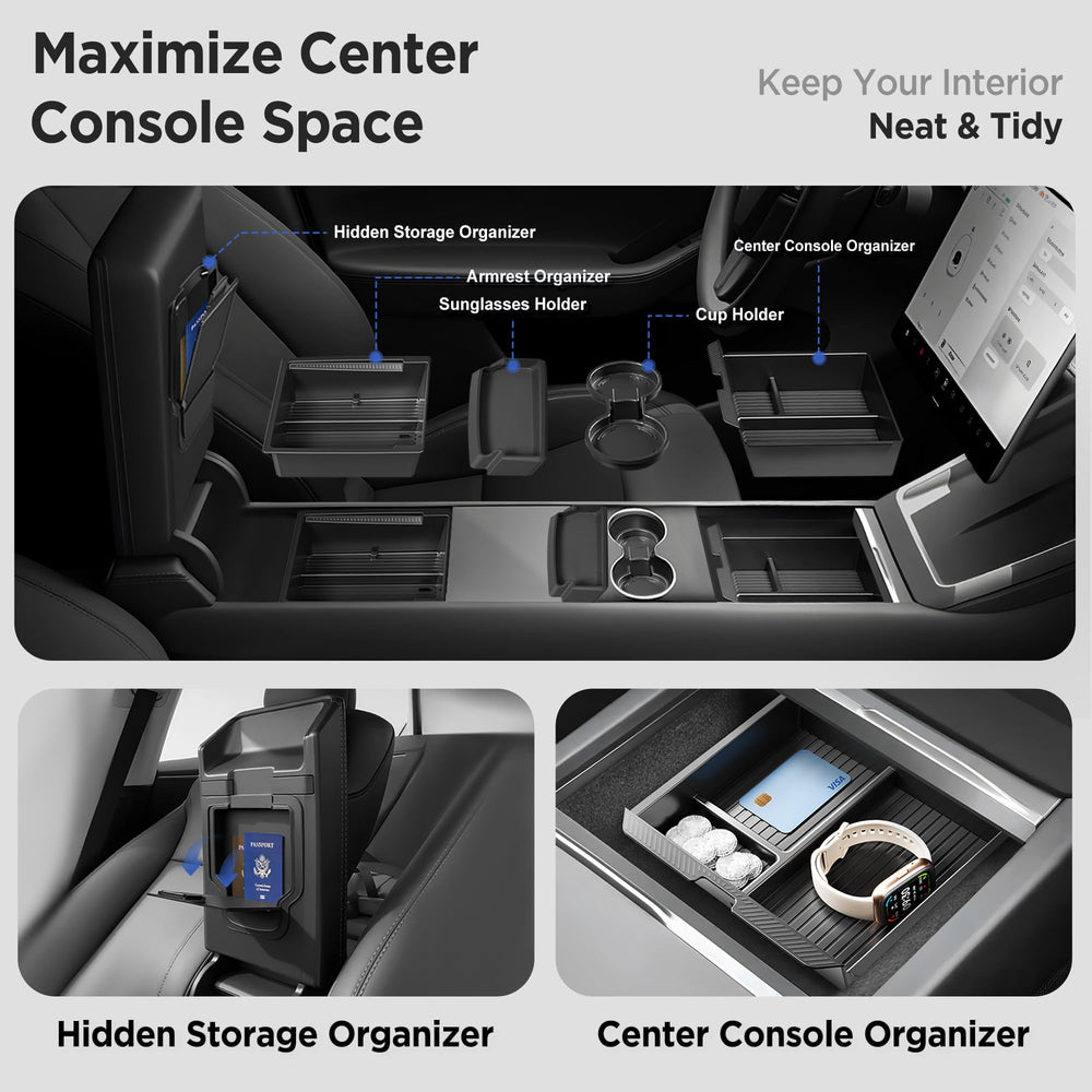 TSLDRV Model Y Juniper side view center console tray with compartments