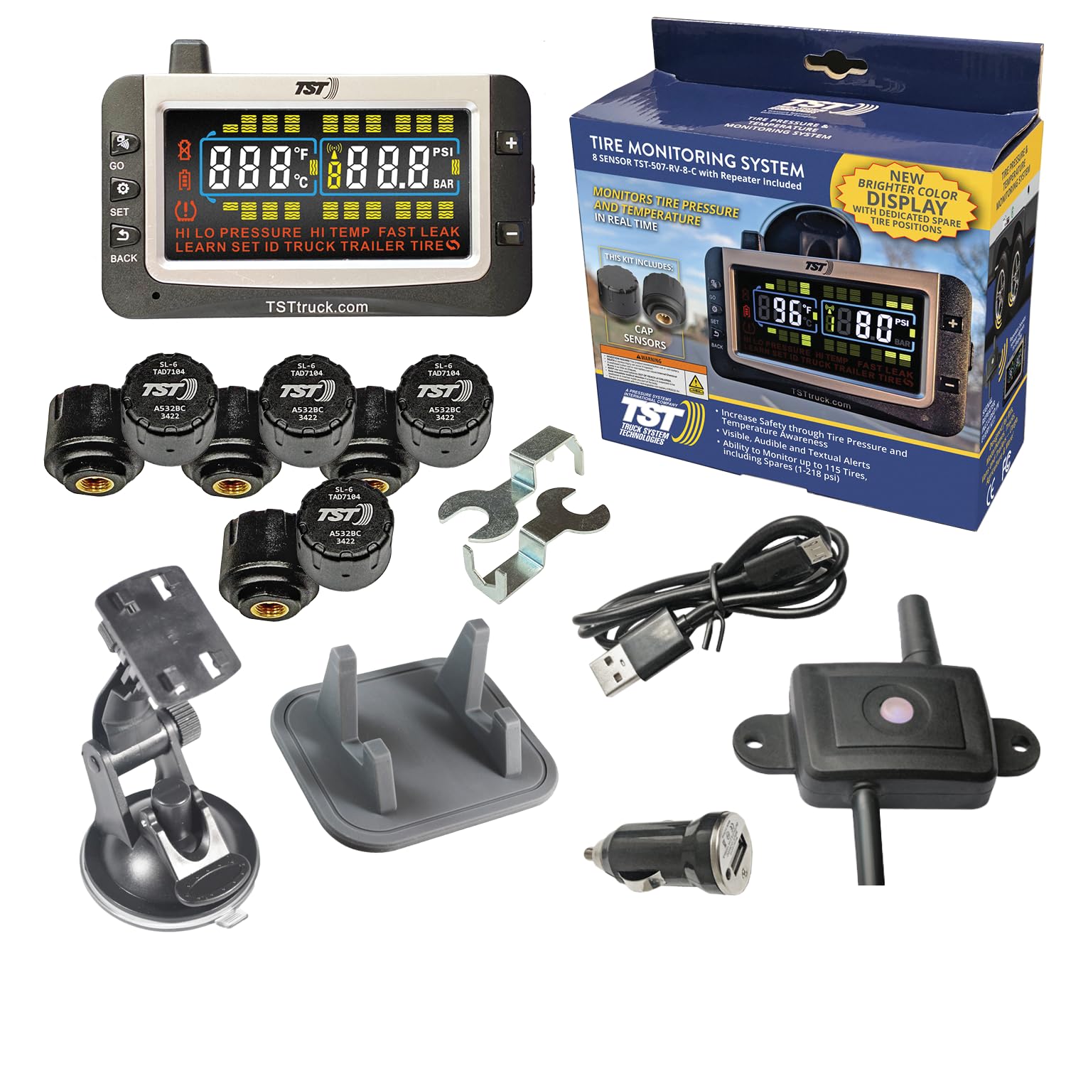 TST 507 cap sensors eight-pack for easy RV tire monitoring.