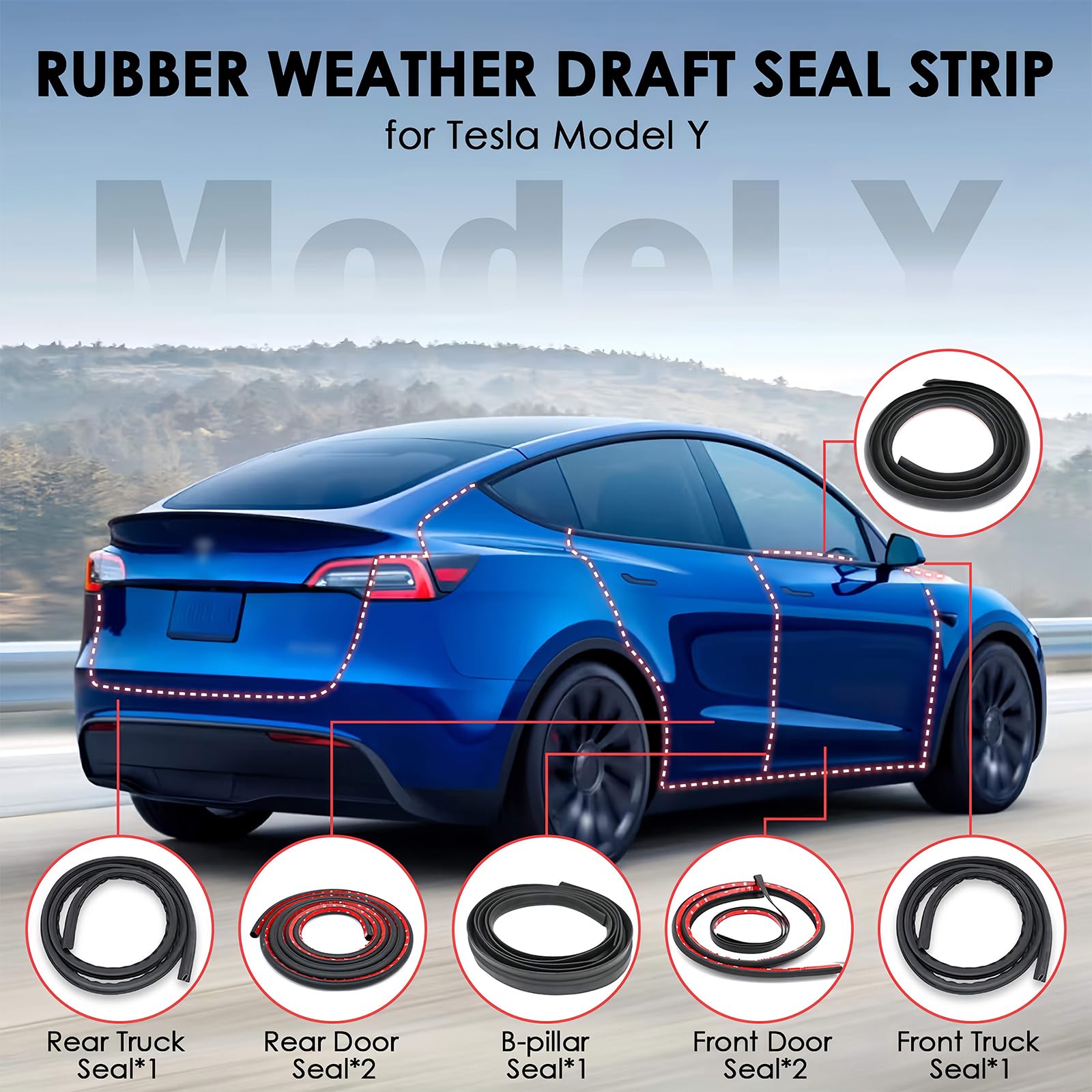 TSTESE seal strips along Model Y rear door improve cabin quietness.