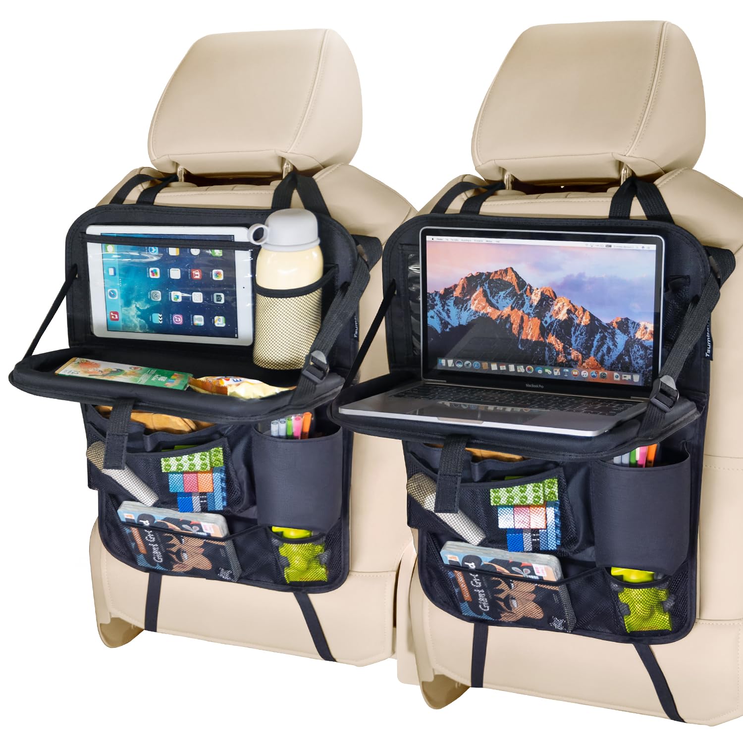 Tsumbay backseat organizer with foldable tray, compact and ready for travel