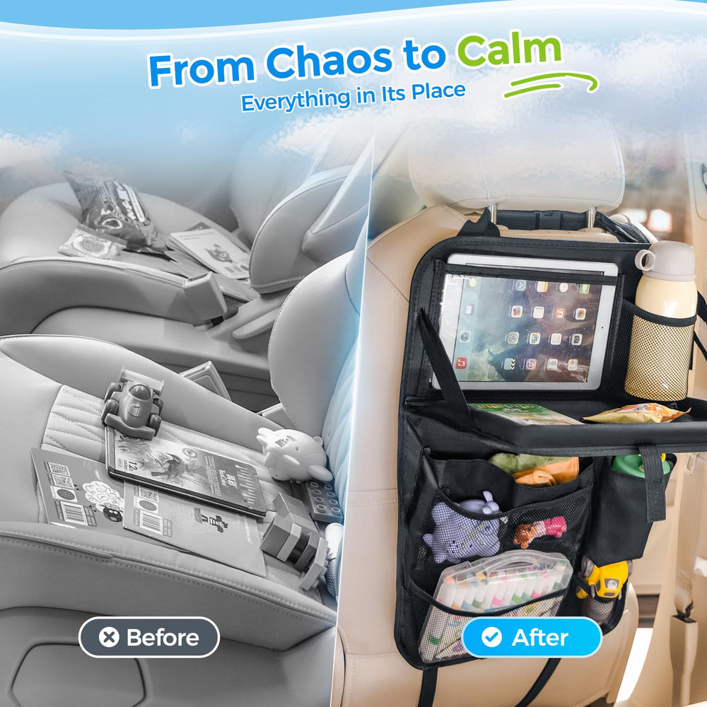 Tsumbay backseat organizer fold-out tray extended for meals and activities