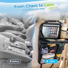 Tsumbay backseat organizer fold-out tray extended for meals and activities