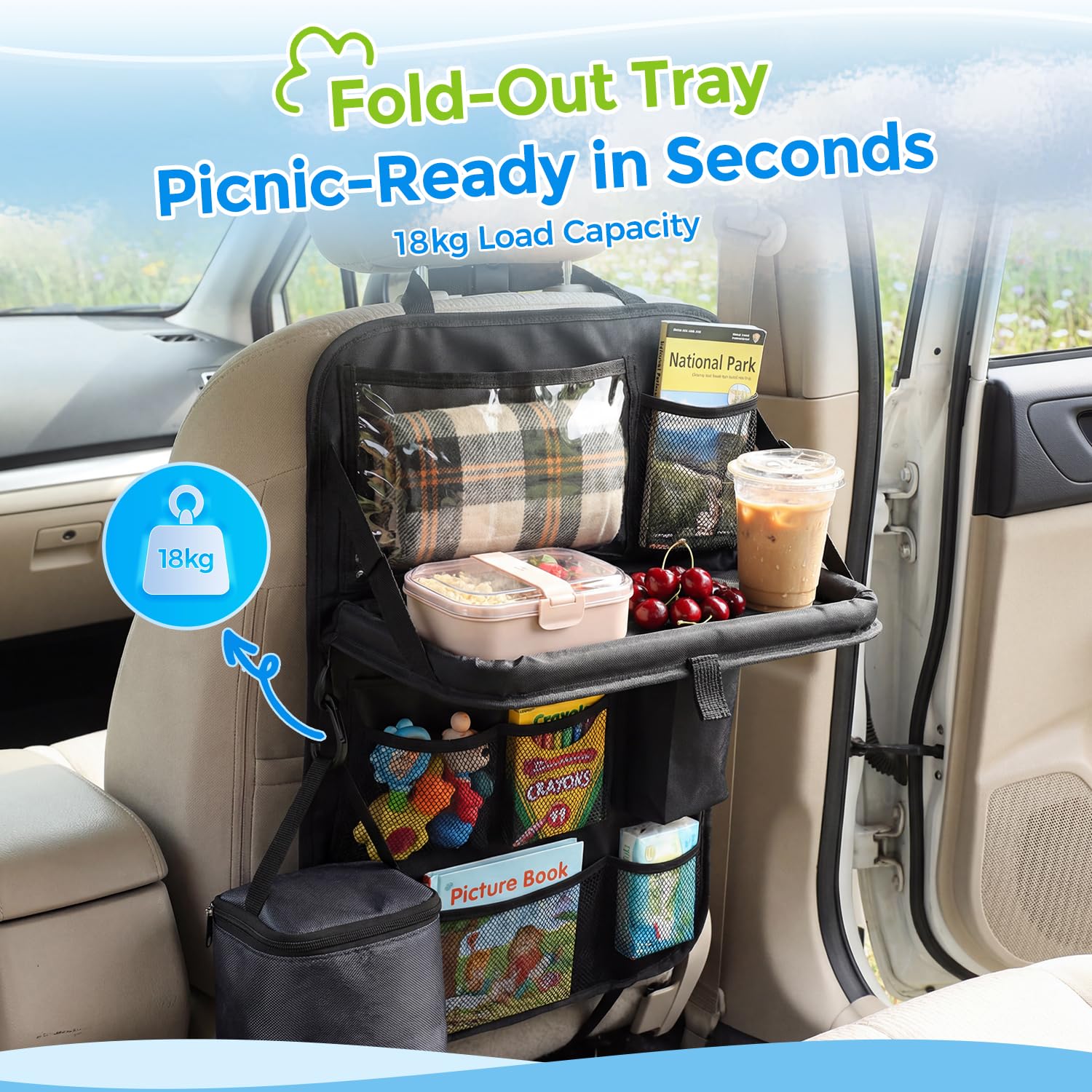 Tsumbay backseat organizer showing nine pockets for tablets, bottles, and toys