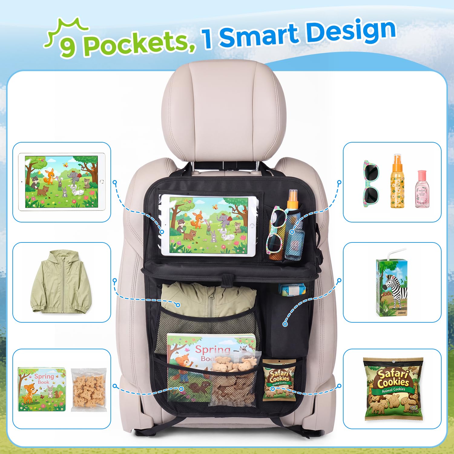 Tsumbay backseat organizer in waterproof Oxford fabric resists spills on trips