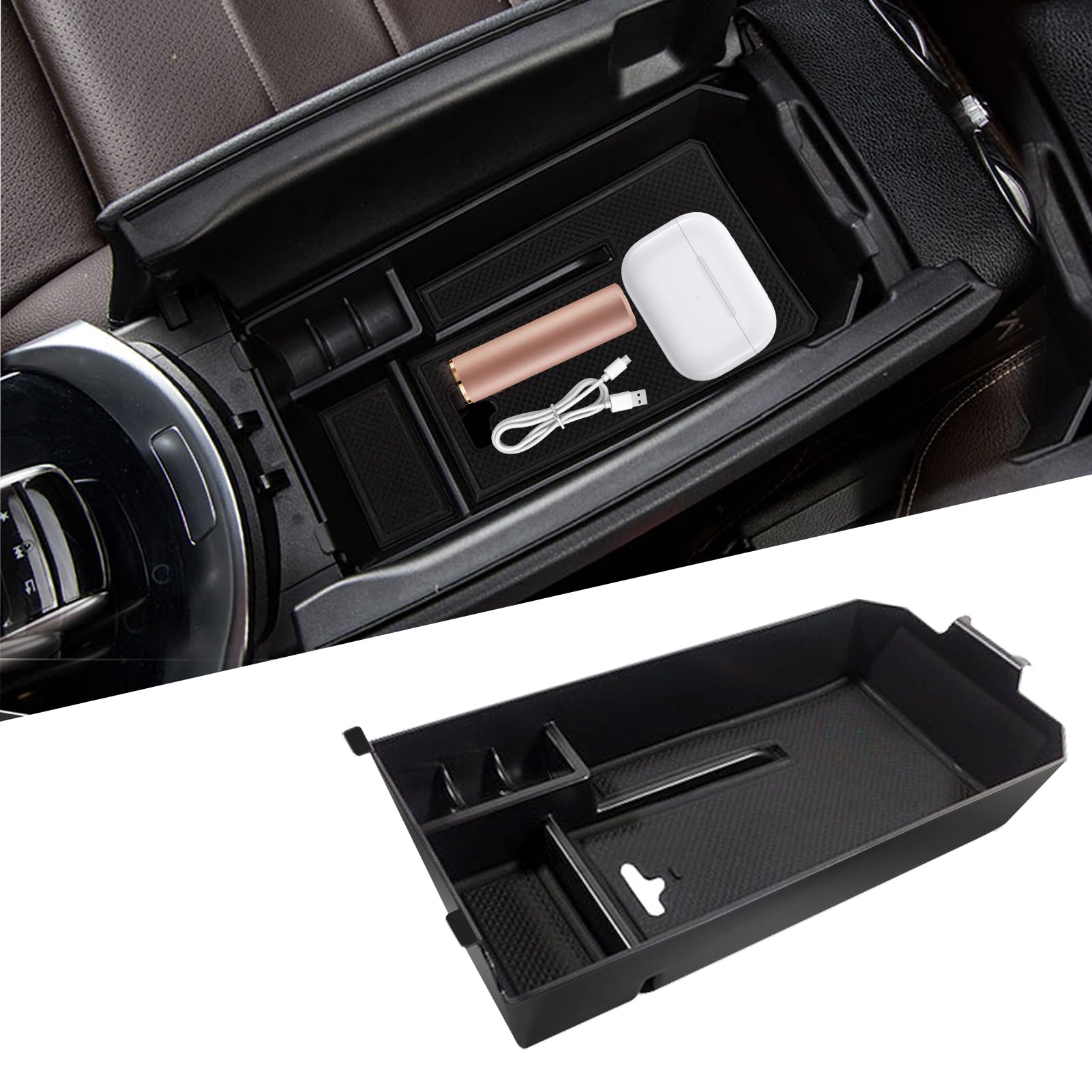 TTCR-II Mercedes C-Class W205 center console tray shown integrated for organized storage