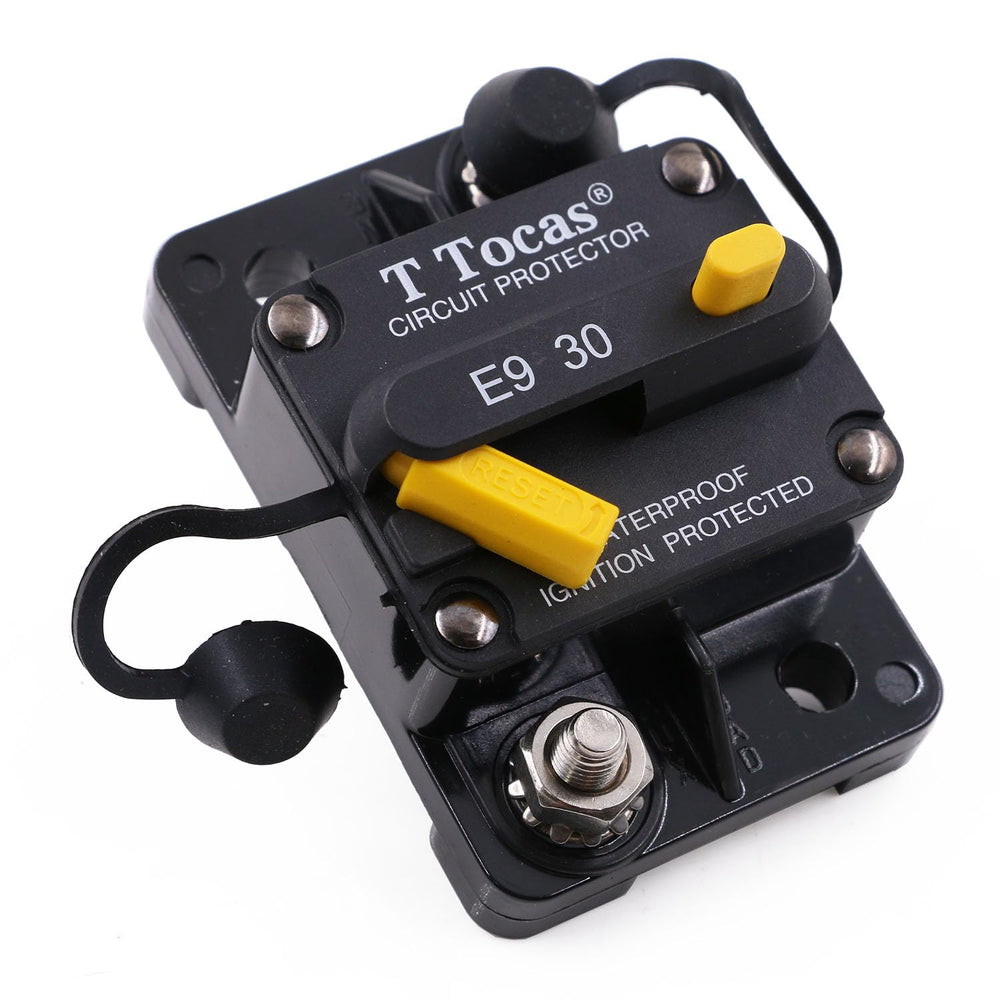 TTocas E9 30A breaker front view with rugged reset switch for reliable protection