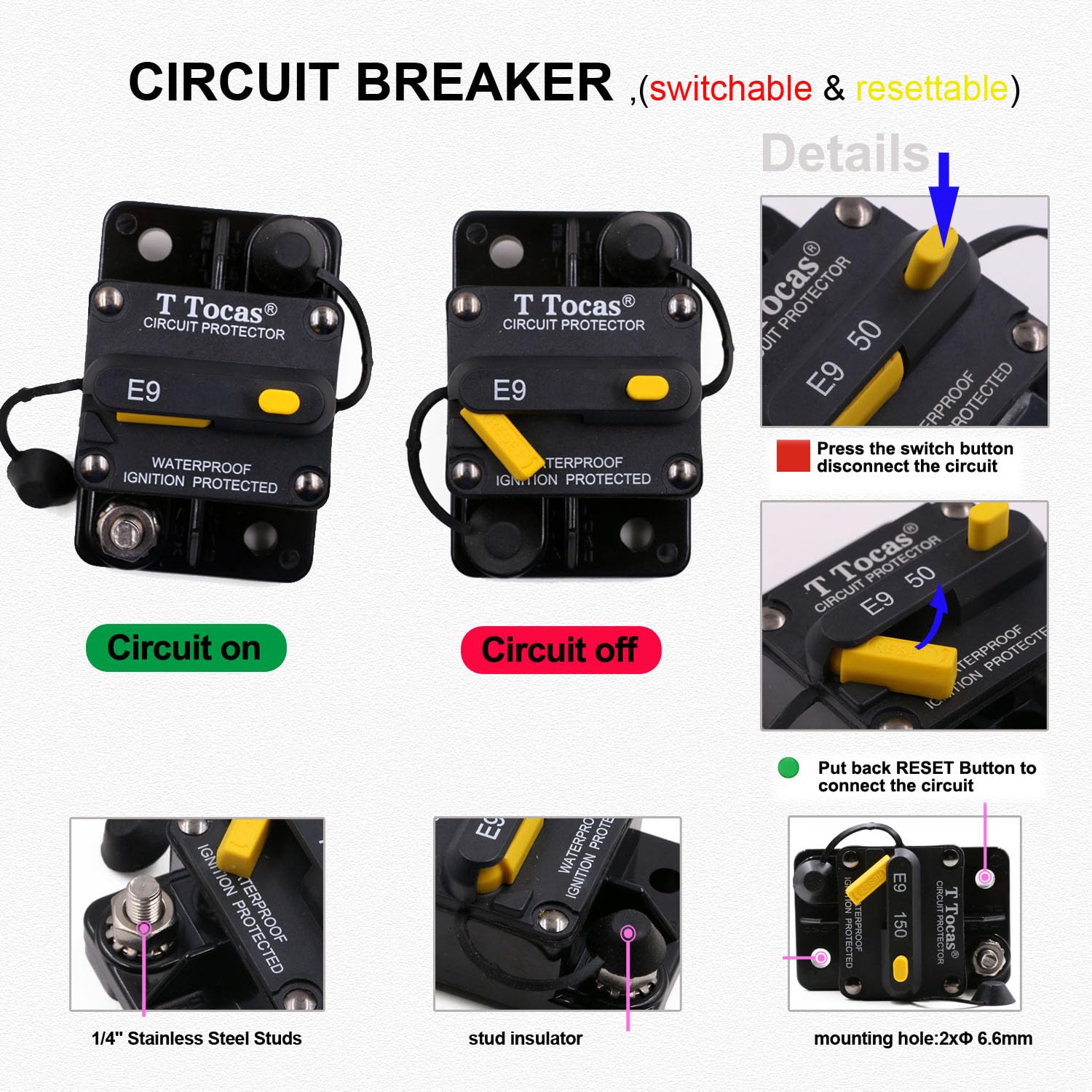 T Tocas E9 50A manual reset button in action