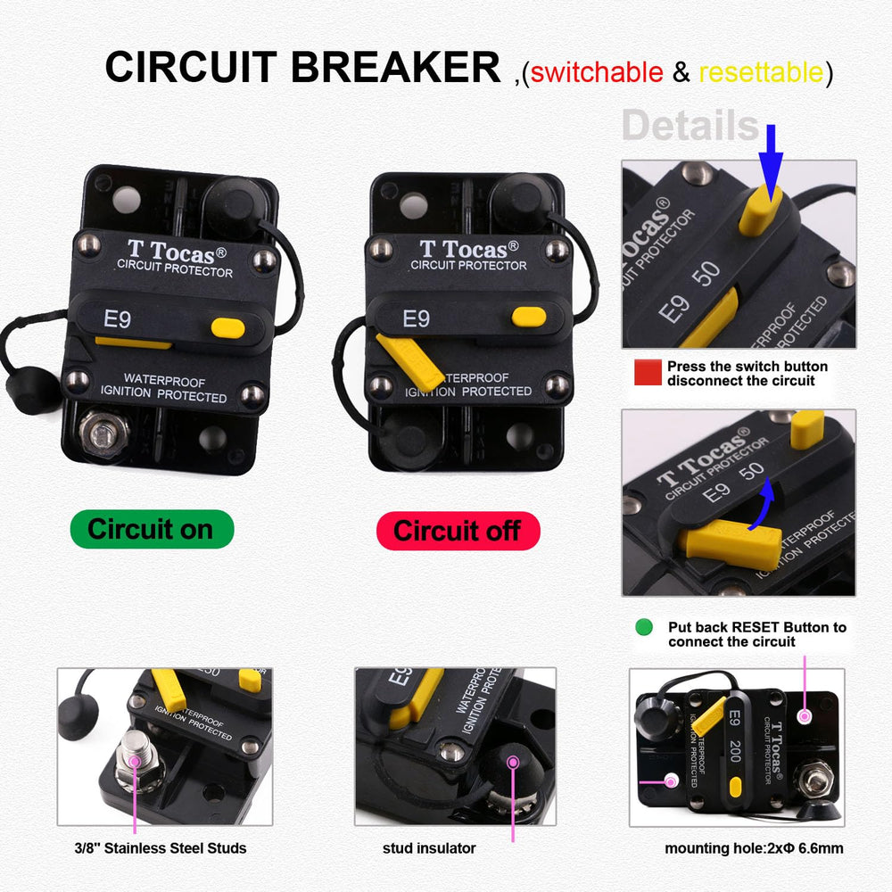 T Tocas E9 manual reset button for quick circuit protection checks.