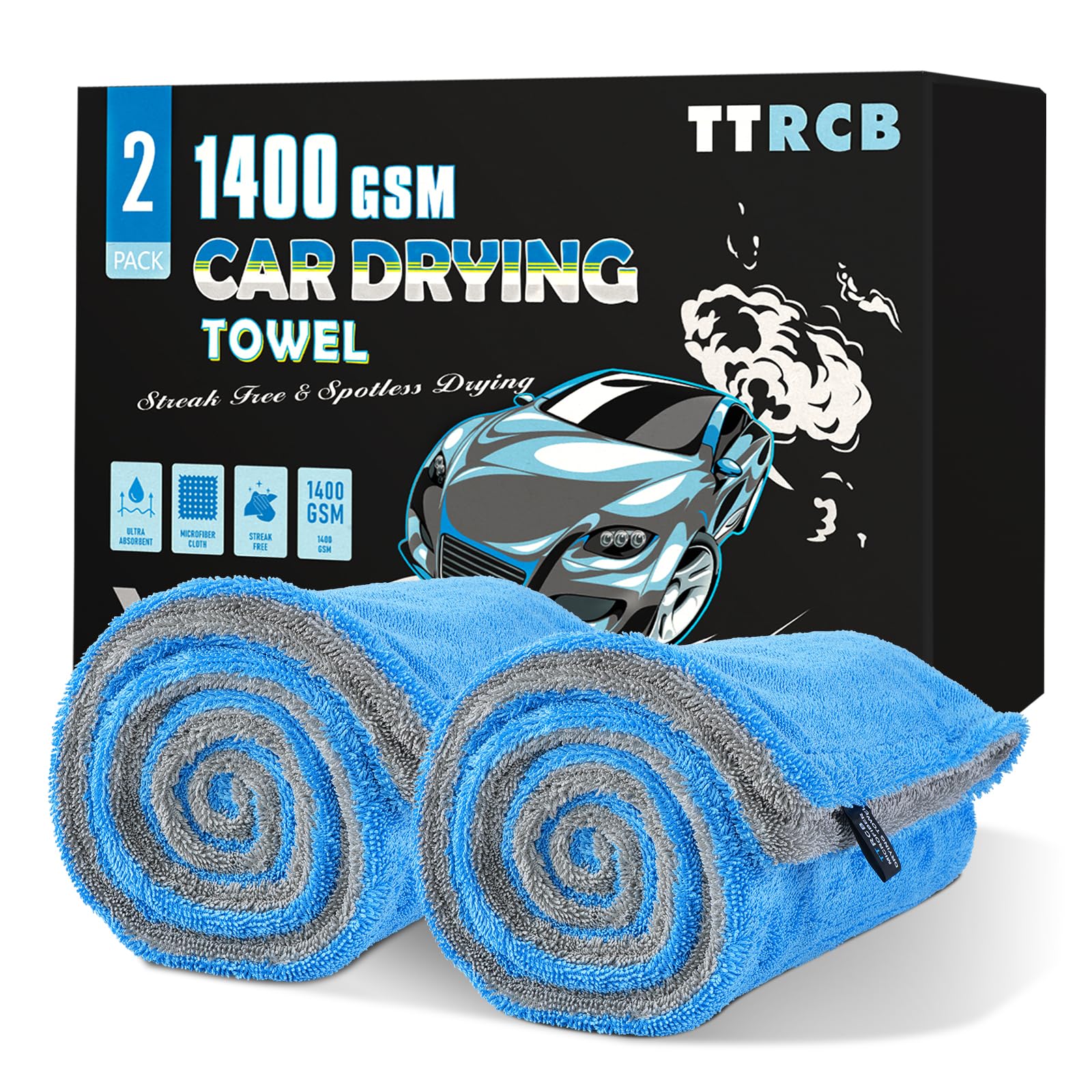TTRCB 2-pack car drying towels offer 48x24 inch coverage for fast, thorough drying.