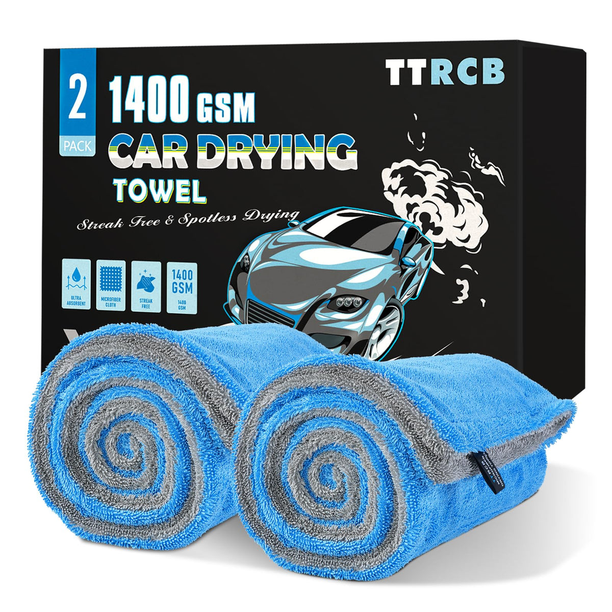 TTRCB 2-pack car drying towels offer 48x24 inch coverage for fast, thorough drying.