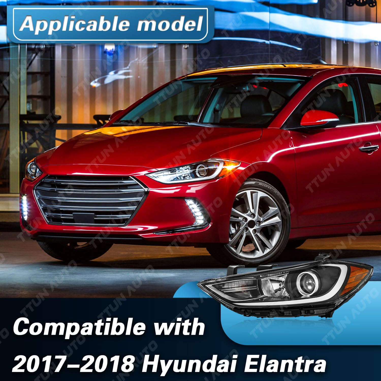 TTUN AUTO Elantra headlight projector lens close-up emphasizes durable ABS housing