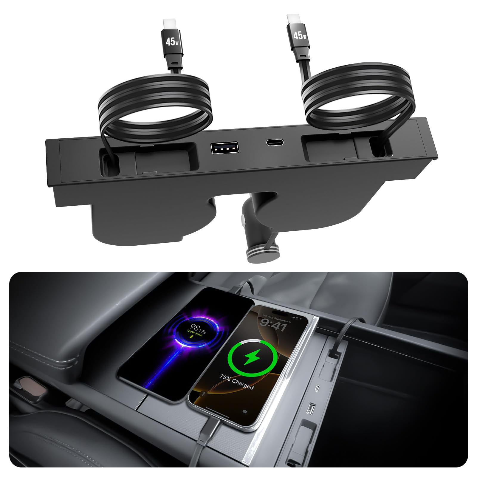 TUDEAO retractable cable USB hub showing a clean center console