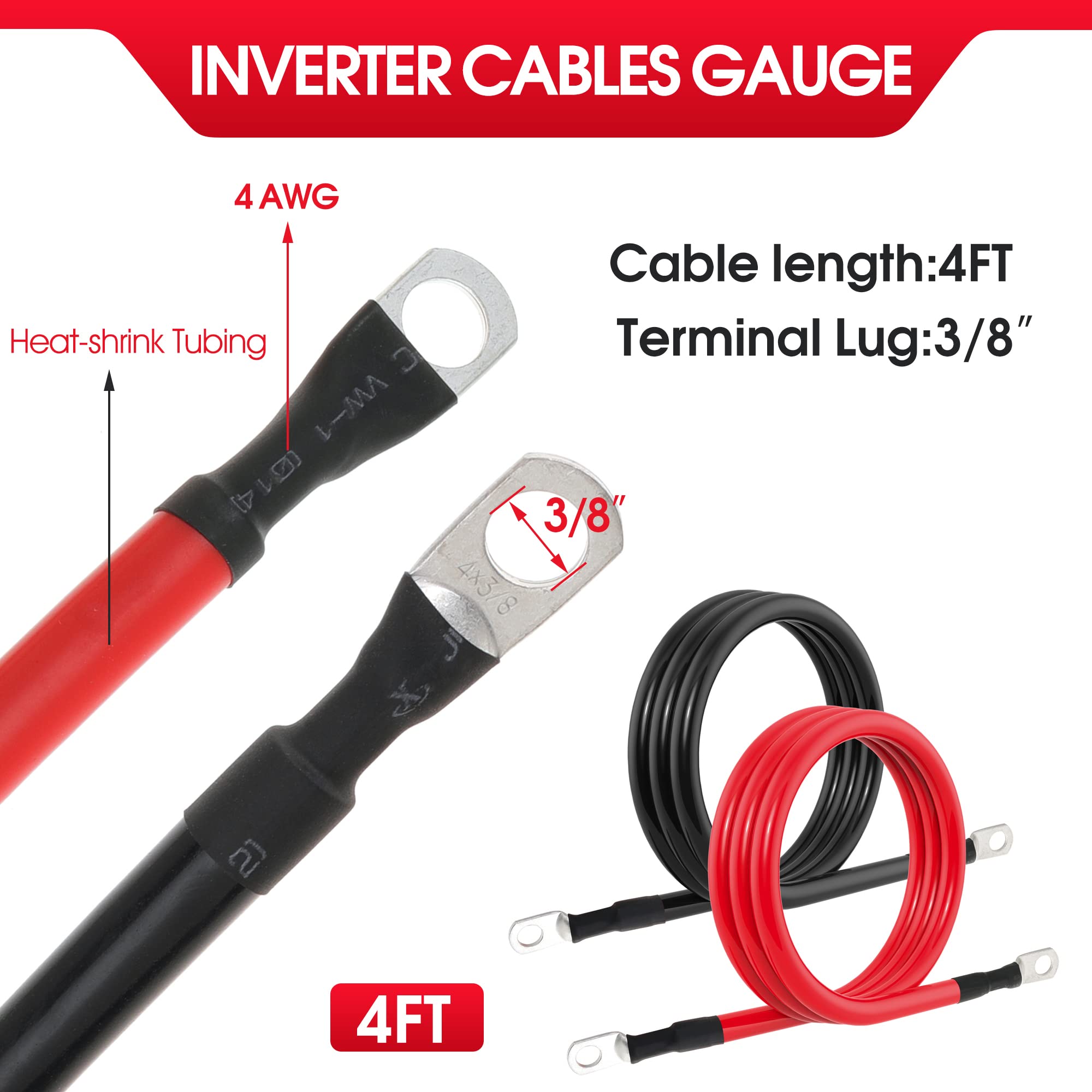 TUELETFU 4 AWG black battery cable 4 ft for ground and negative connections
