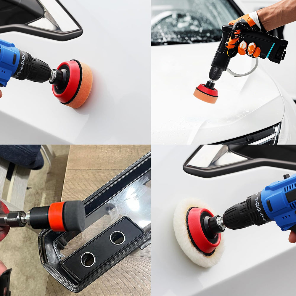 TuhooMall car buffing usage demonstrates wax and glaze application on multiple surfaces.