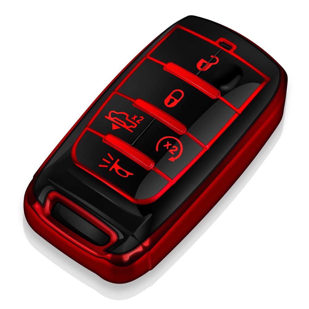 Tukellen Dodge key fob cover front view shows a vivid red TPU shell with protective edges