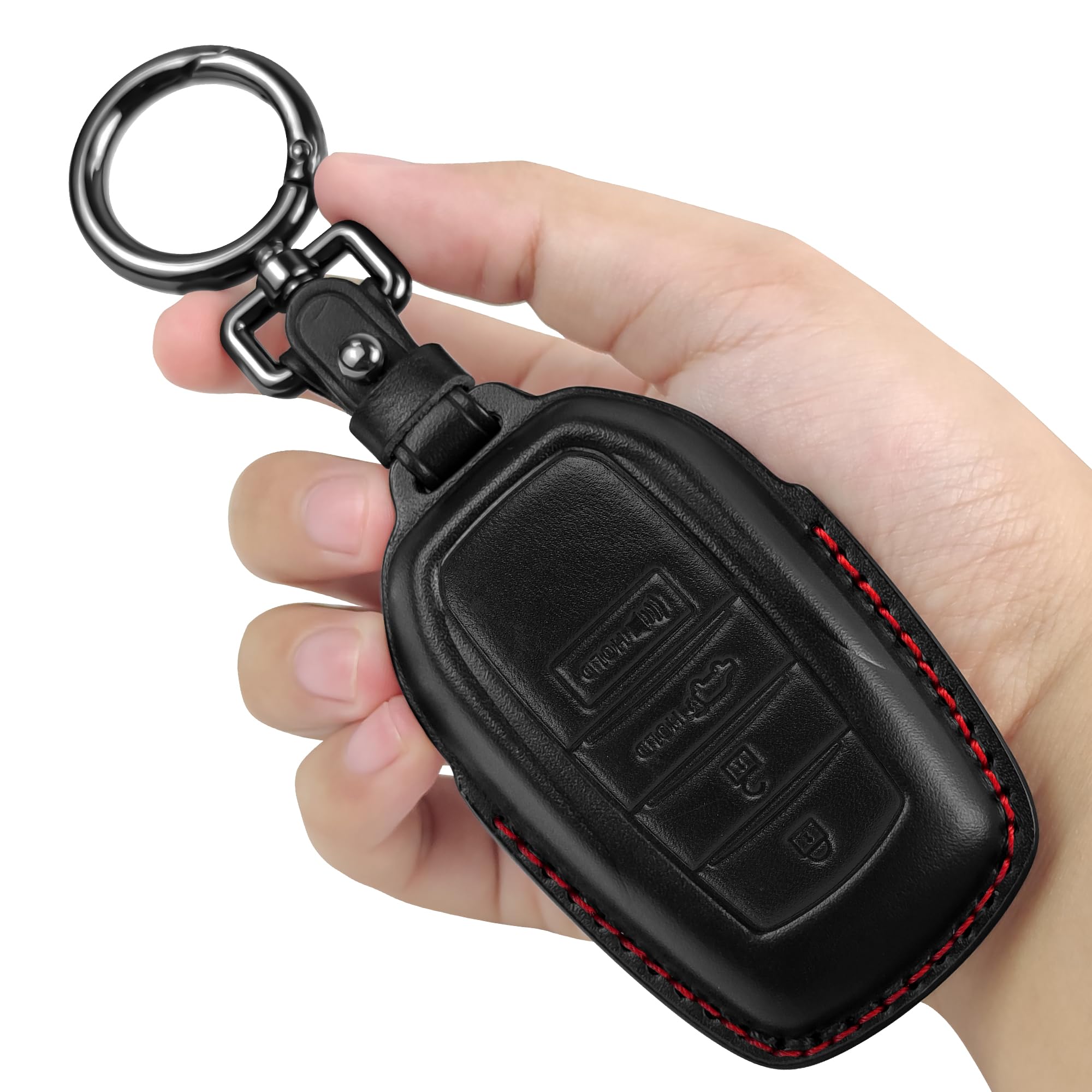 Tukellen leather key fob cover for Toyota 4Runner with black leather and red line, improved grip.