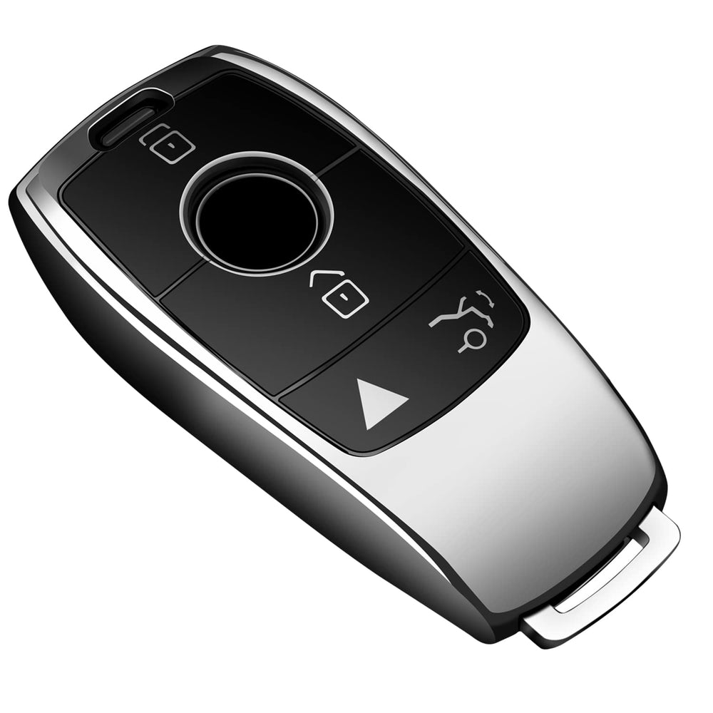 Tukellen Mercedes key fob cover in silver front view protects fob and preserves logo visibility.