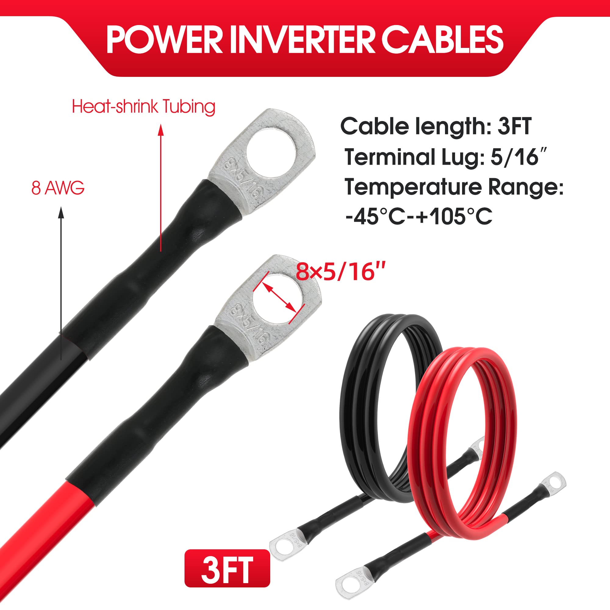 TUELETFU 8 AWG black battery cable 3ft with 5/16in lugs for RV and marine uses.