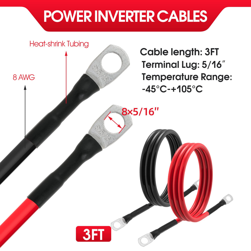 TUELETFU 8 AWG black battery cable 3ft with 5/16in lugs for RV and marine uses.