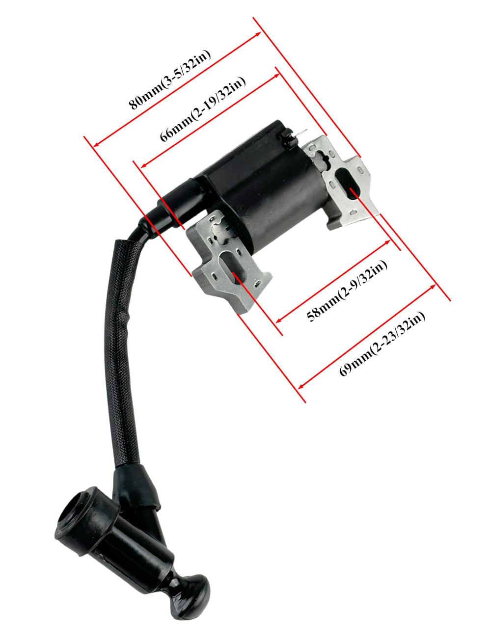 Turbotunity GXV120 ignition coil with air gap gauge for precise spacing.