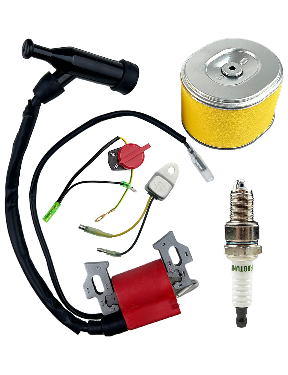 Turbotunity GX160 ignition coil assembly with air filter for quick GX engine swaps.