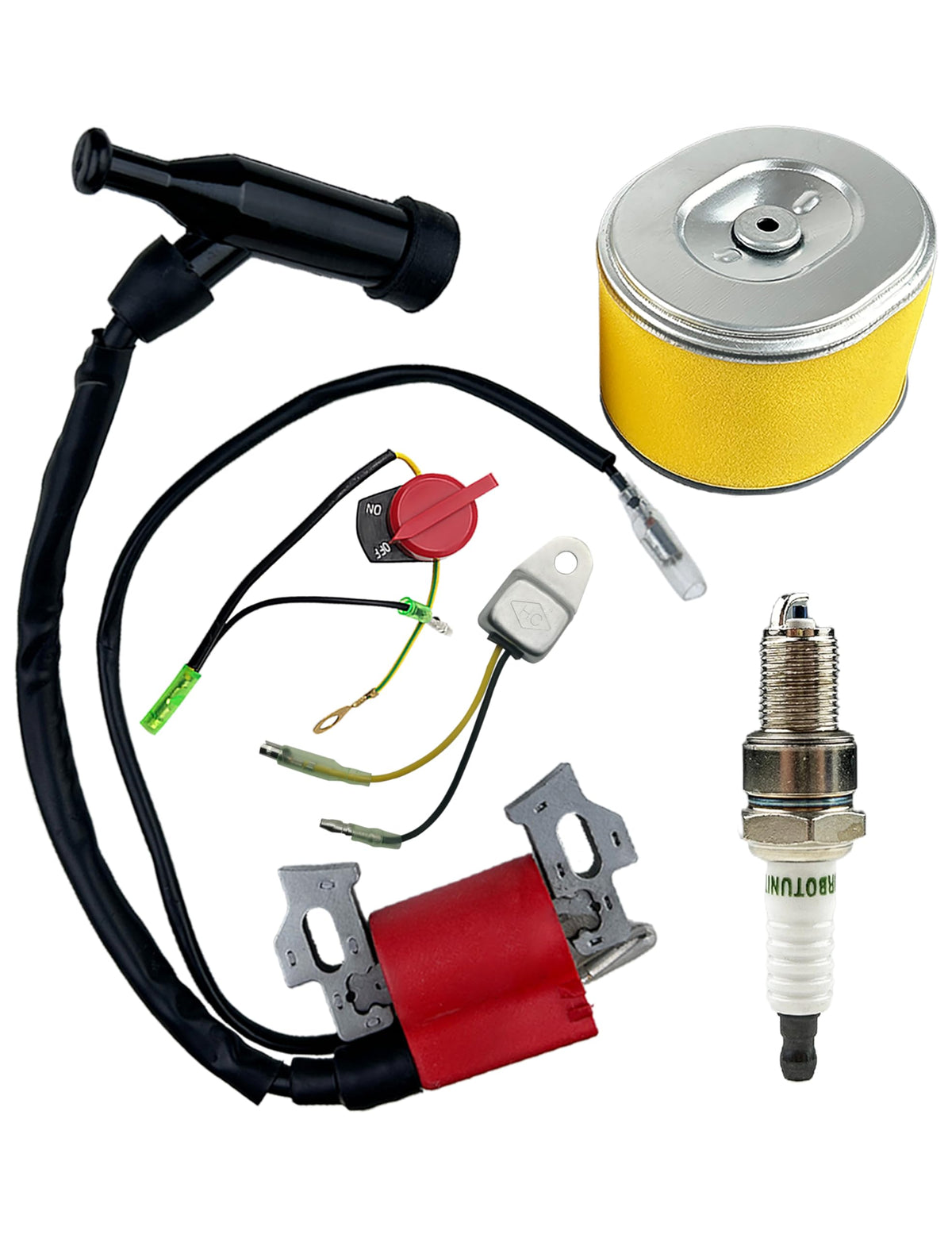 Turbotunity GX160 ignition coil assembly with air filter for quick GX engine swaps.