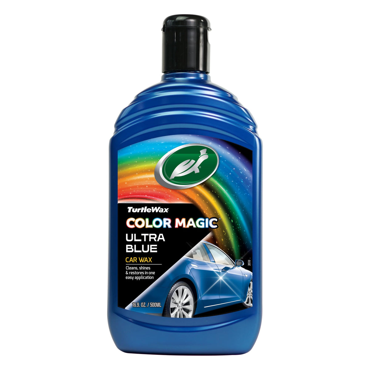 Turtle Wax Color Magic bottle pour shows color boost on blue paint.