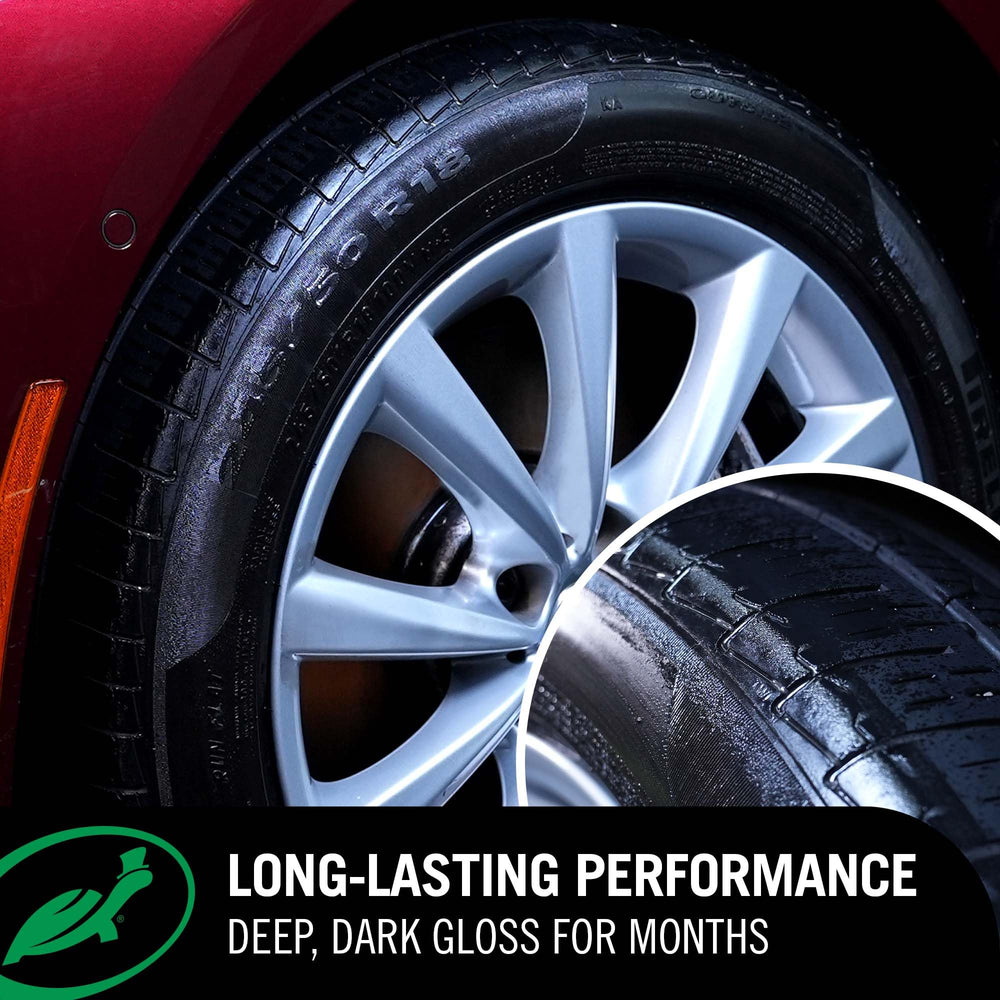 Layering more coats builds additional gloss on Turtle Wax tire shine for showroom-like results.