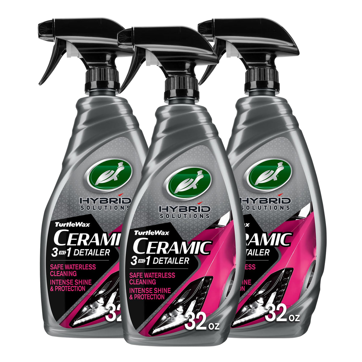 Turtle Wax Hybrid Solutions 3-in-1 detailer bottle shows easy waterless cleaning and protection