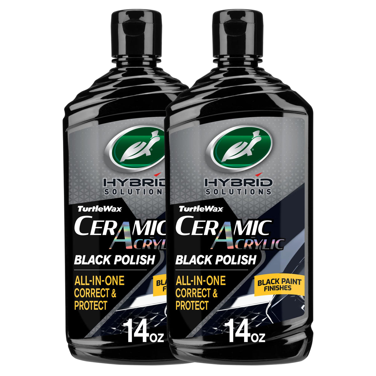 Turtle Wax Hybrid Solutions Ceramic Acrylic Black Polish bottle shows deep black gloss.