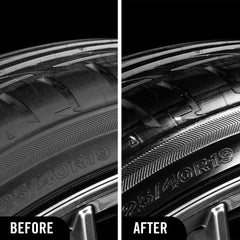 Close-up shows sling-free spray nozzle applying Turtle Wax tire dressing to a tire.