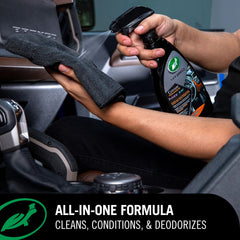 Turtle Wax Inside Job leather cleaning action highlights stain removal and odor control on seats