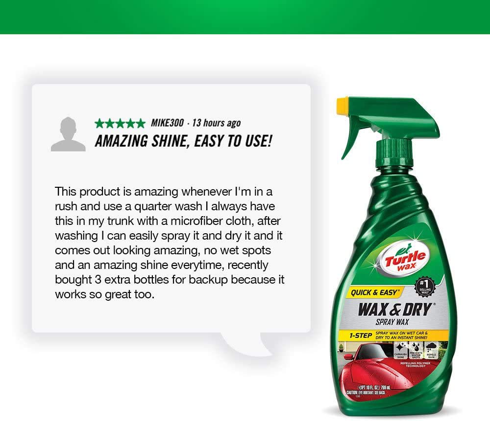 Turtle Wax Quick & Easy Wax & Dry on wet car delivers fast, streak-free shine.