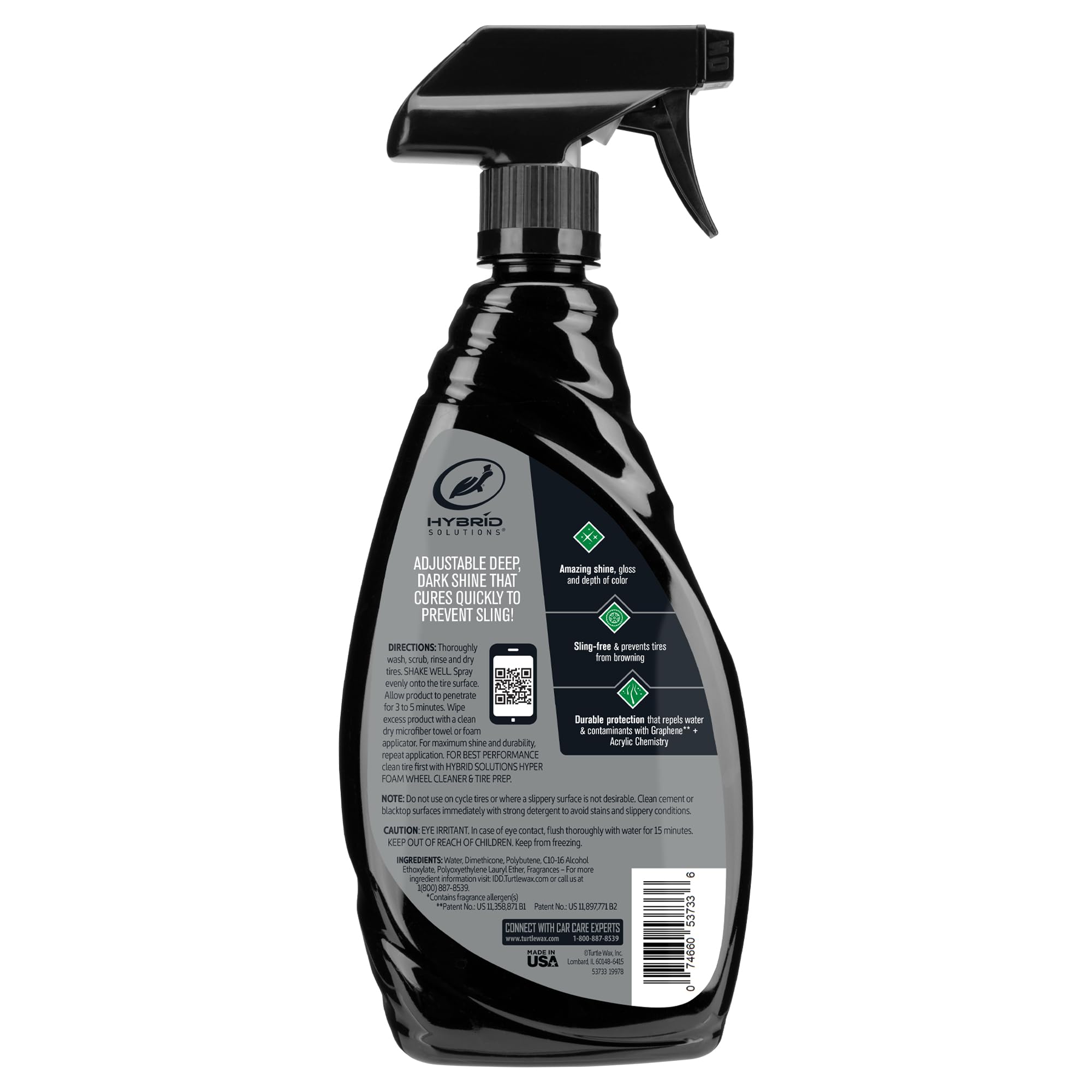 A tire treated with Turtle Wax shows durable showroom gloss after treatment.