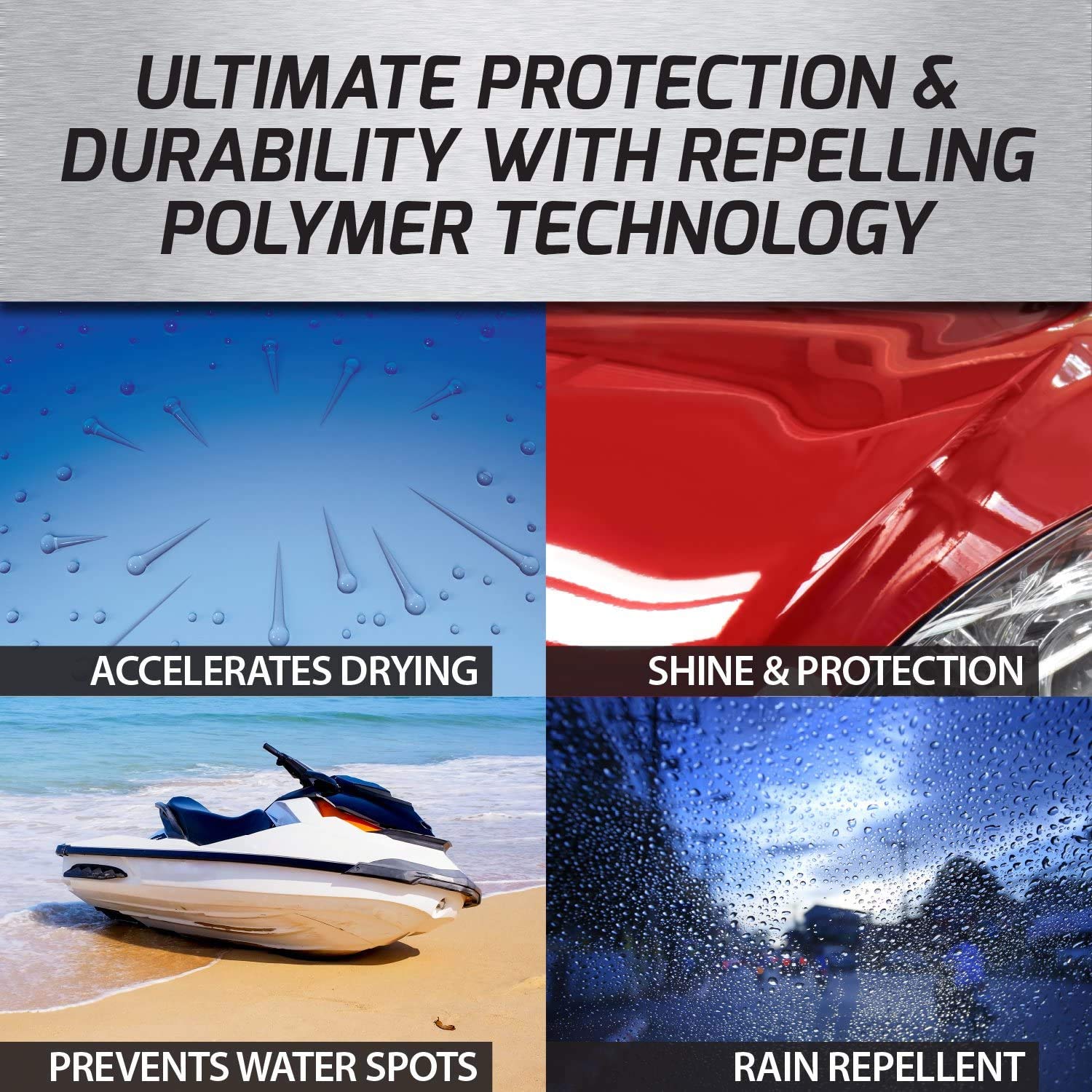 Turtle Wax Wax & Dry spray beads water on treated surface for rain resistance.