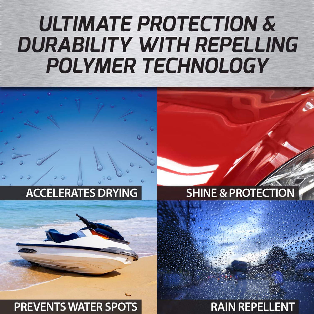 Turtle Wax Wax & Dry spray beads water on treated surface for rain resistance.