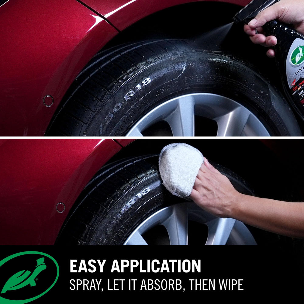 The coating repels water and dirt for longer-lasting clean tires after application.