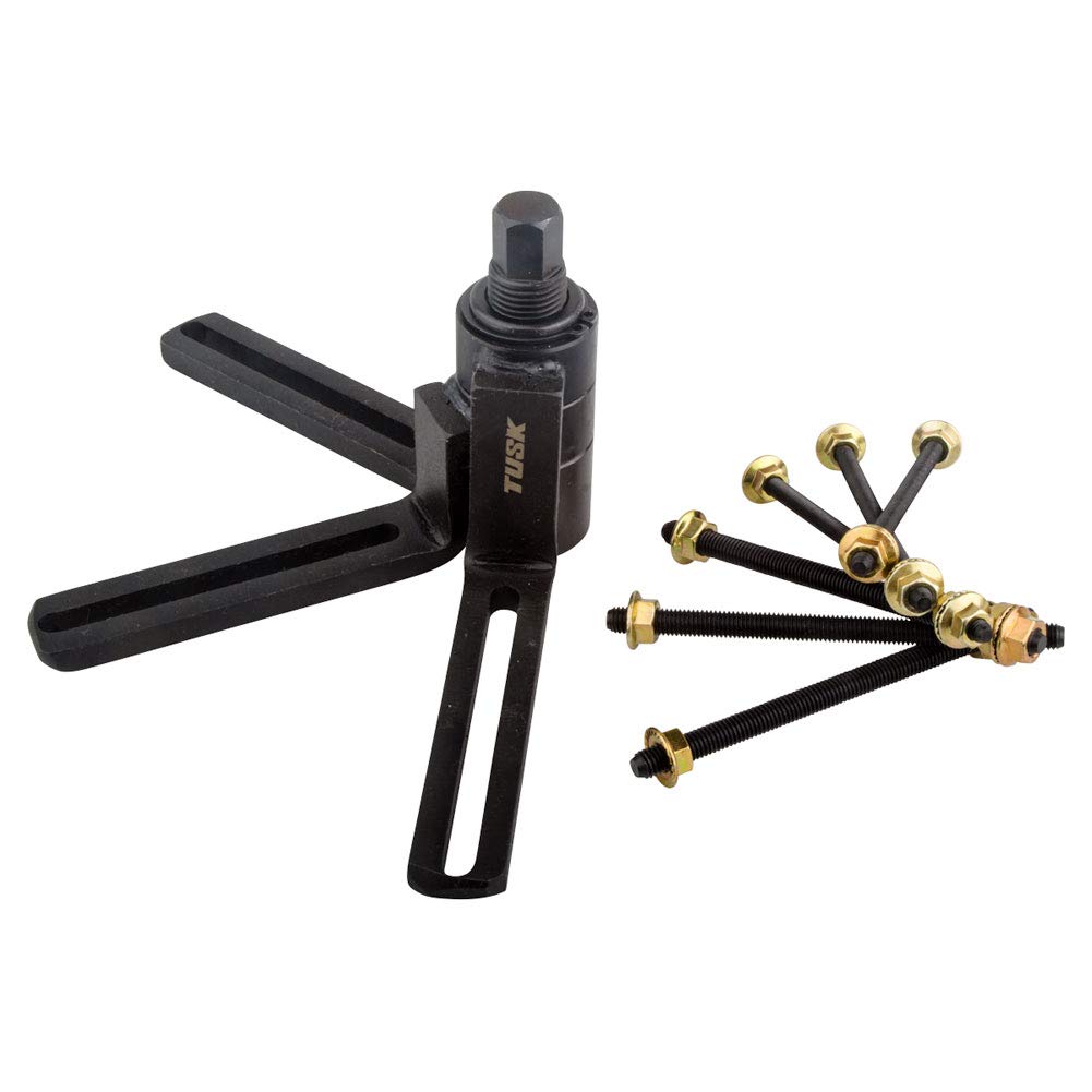 Tusk crankcase splitter with adjustable arms for versatile engine bolt patterns in disassembly.