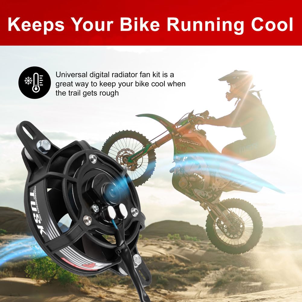 TUSK Digital Radiator Fan Kit side profile highlights universal mounting compatibility for bikes and ATVs.